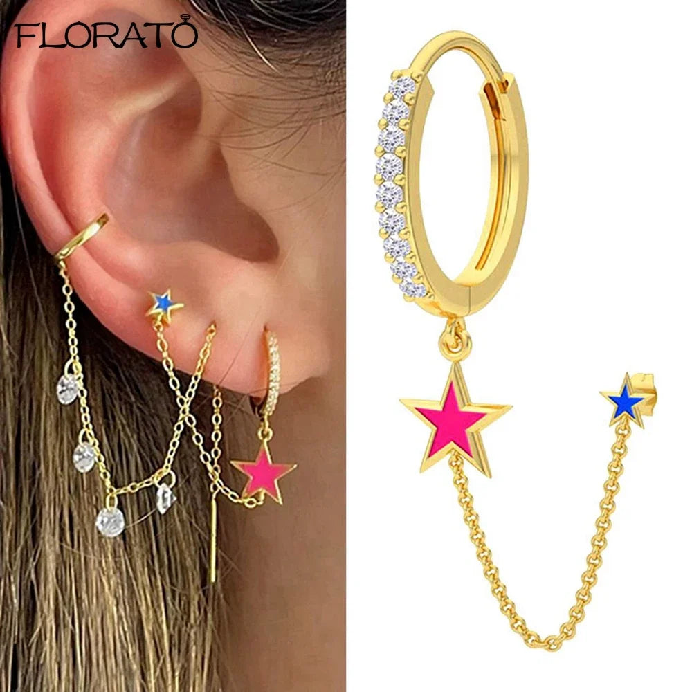 Boucle d'oreille créole avec chaîne et strass