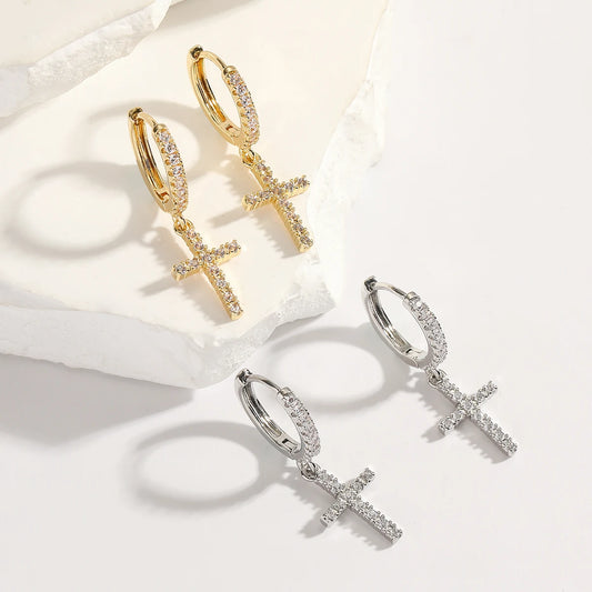 boucle d'oreille créole pendentif croix strass femme
