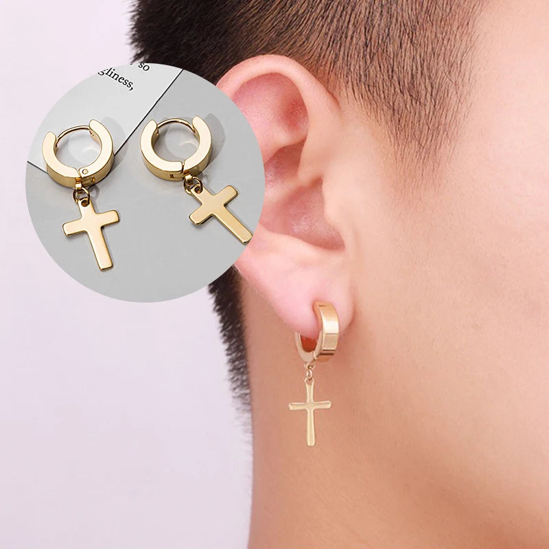 boucle d'oreille créole pendentif croix homme