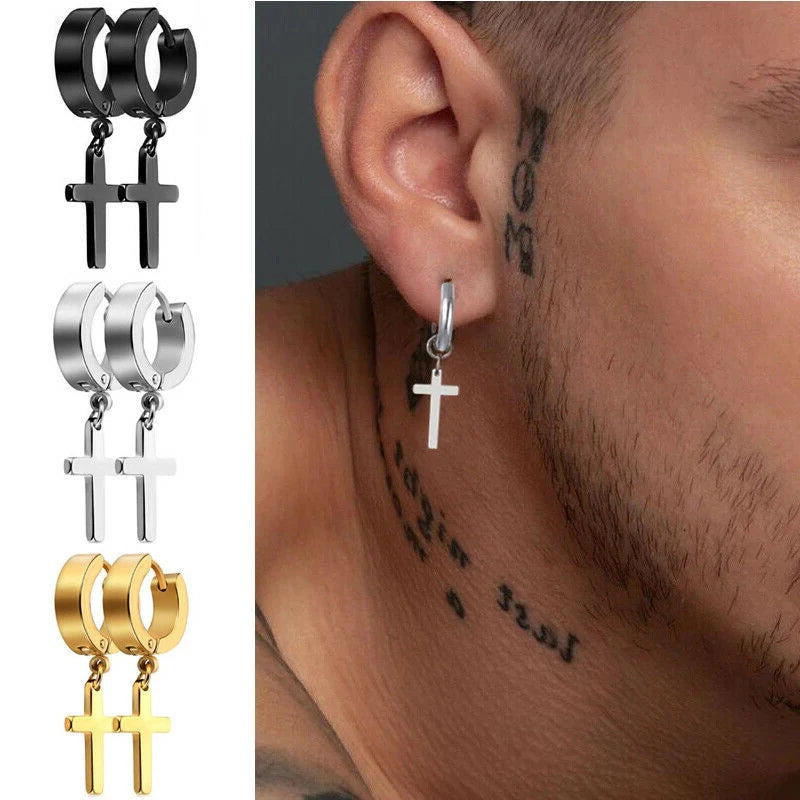 boucle d'oreille créole pendentif croix homme