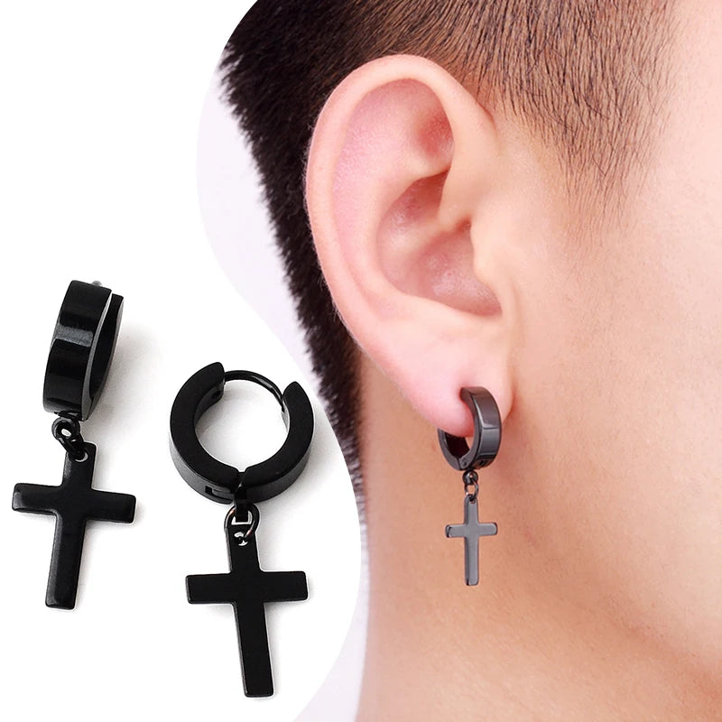 boucle d'oreille créole pendentif croix homme