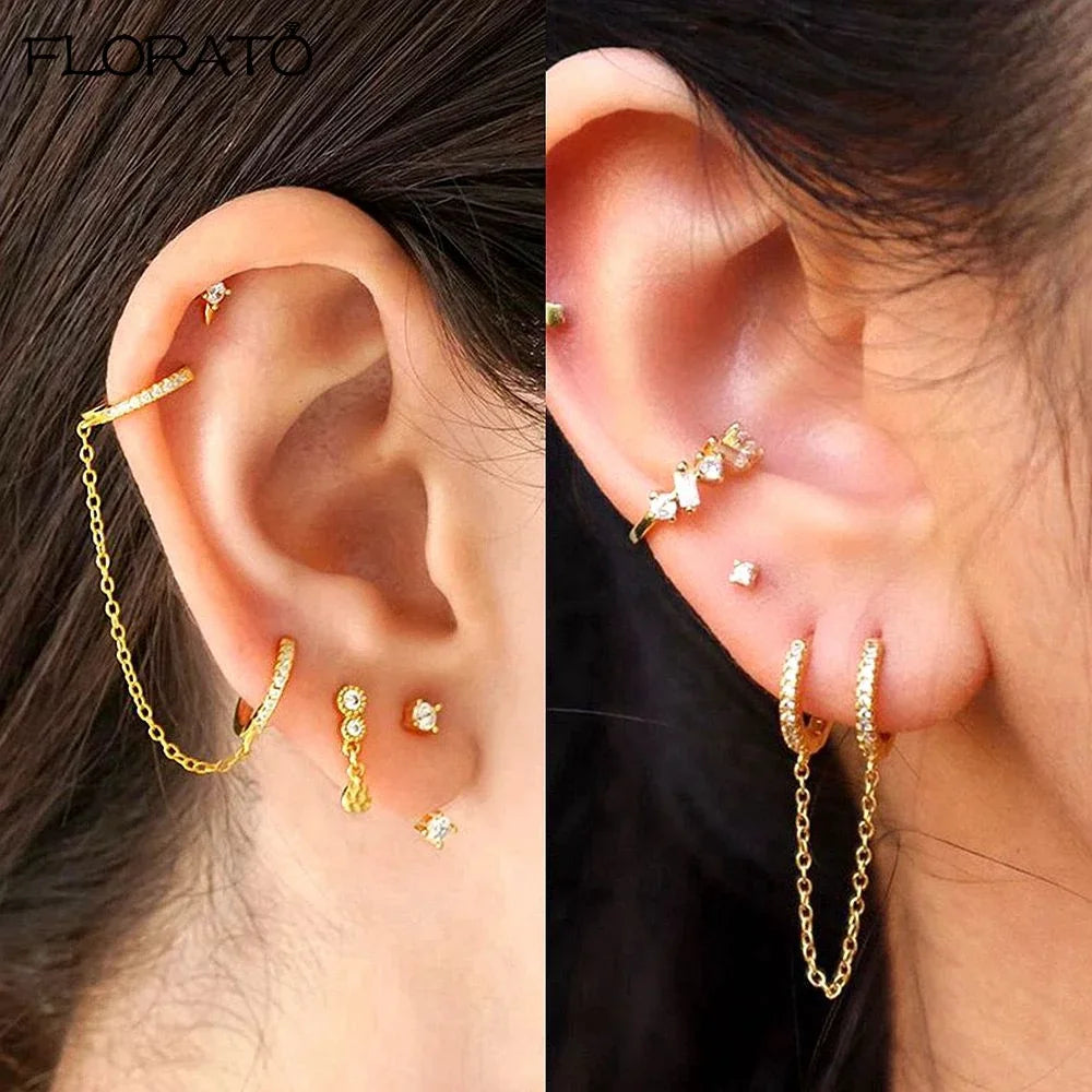 Boucle d'oreille créole avec chaîne et strass