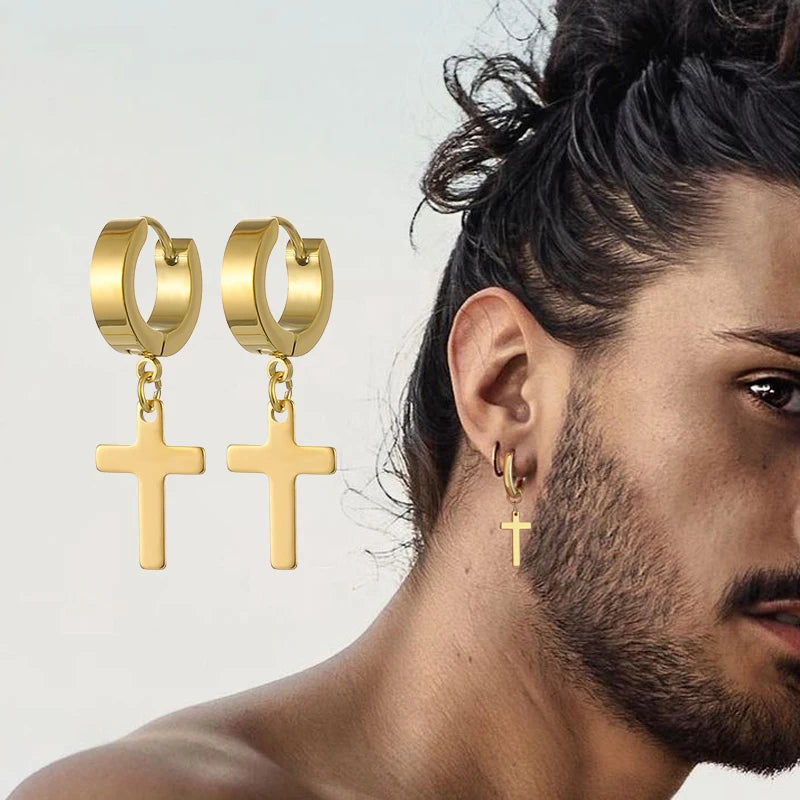 boucle d'oreille créole pendentif croix homme